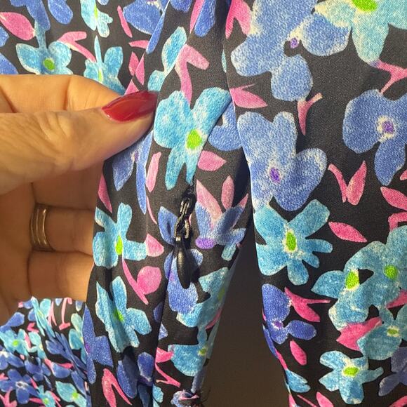 NEW NWT Zara Midi‎ Blue Floral Long Sleeve Satin Dress Small Belted Front Slit - Picture 6 of 10